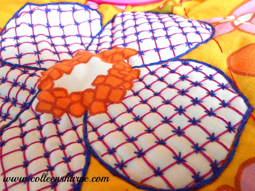 laidwork latticework hand-embroidery on vintage sheet flower