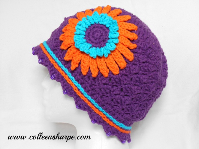 purple crochet cotton hat beaded edge orange blue flower