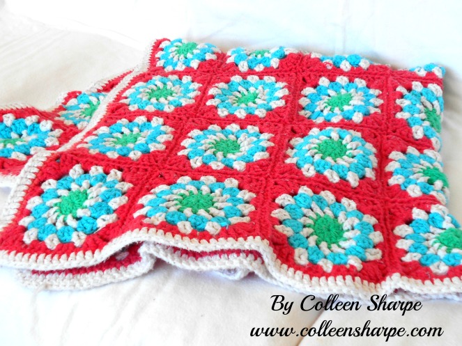 crochet granny circles squares blanket watermelon blue green white with white border