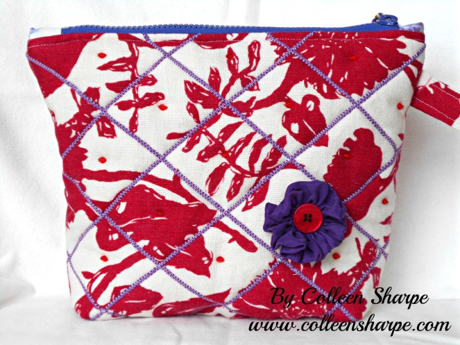 red white linen bag purple flower red button floral vintage sheet lining