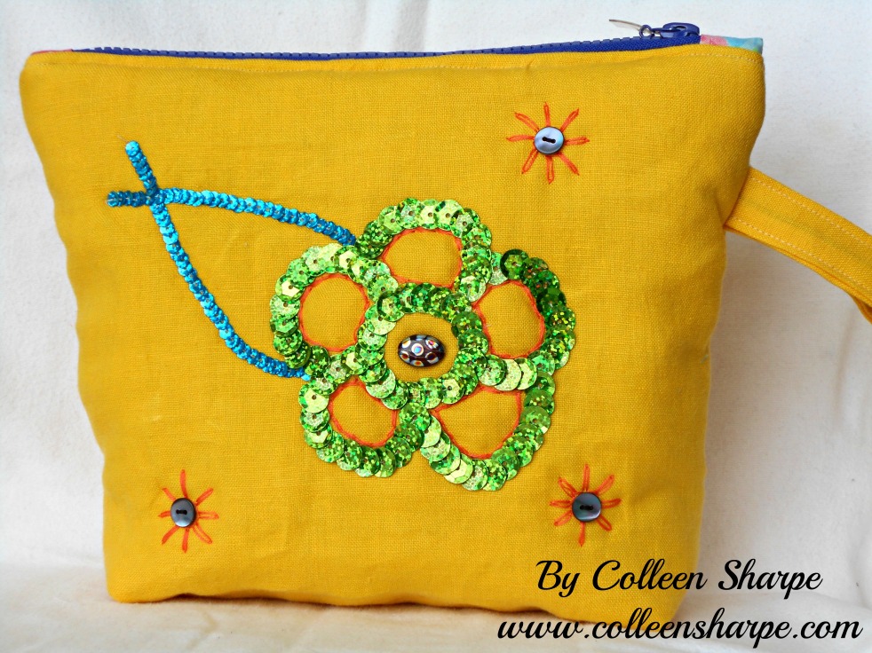 boho yellow linen wrist bag green blue holographic sequins button flowers purple glass peacock bead vintage floral lining