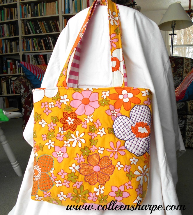 padded yellow floral mod flower tote bag pink white striped lining