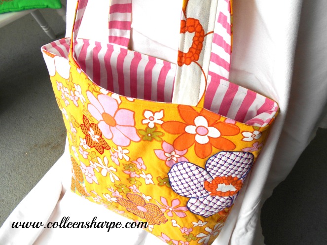 yellow tote bag vintage floral sheet pink white strip lining embroidered flowers