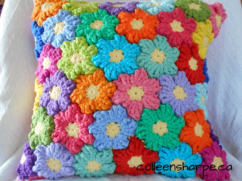 colourful crocheted puff flower cotton yarn pillow cushion cover
