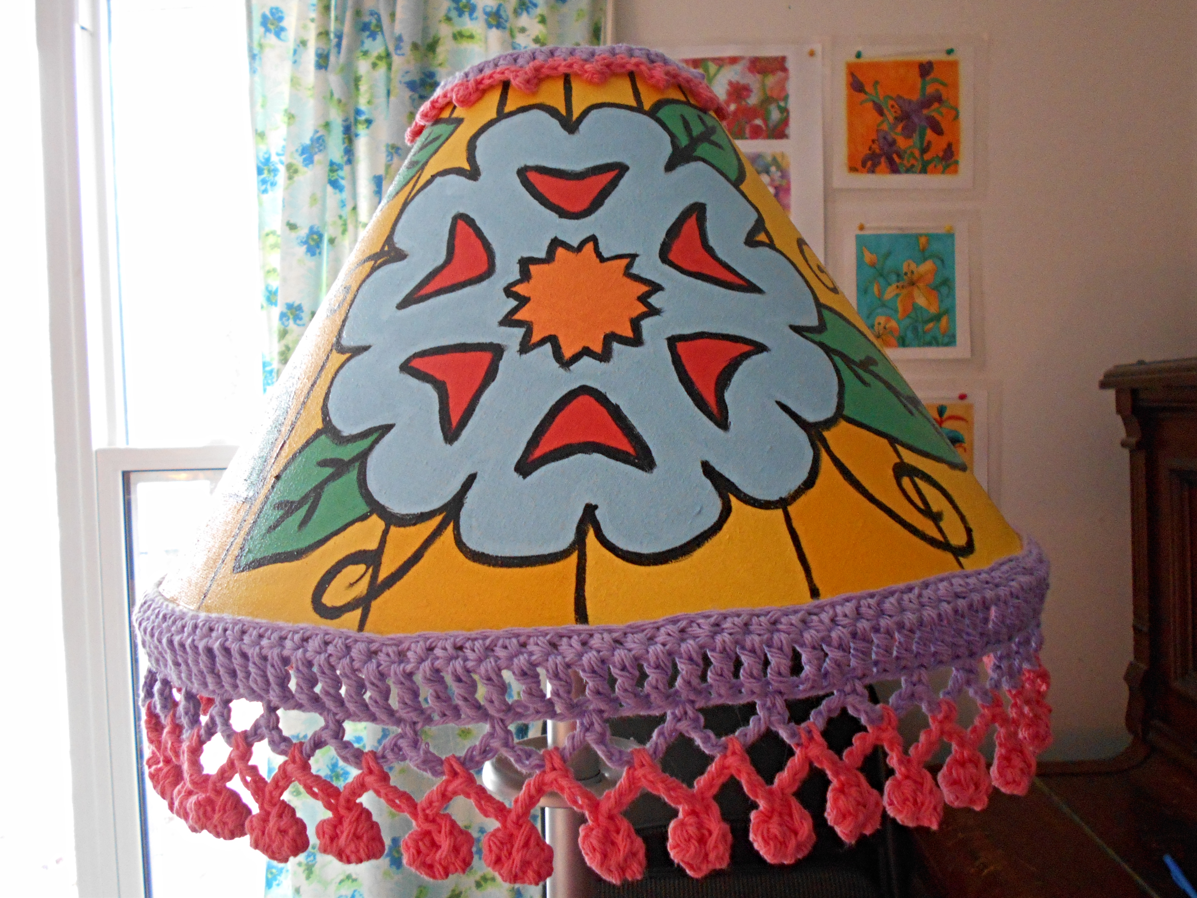boho lampshade painted flowers stripes crochet fringe pom poms colourful