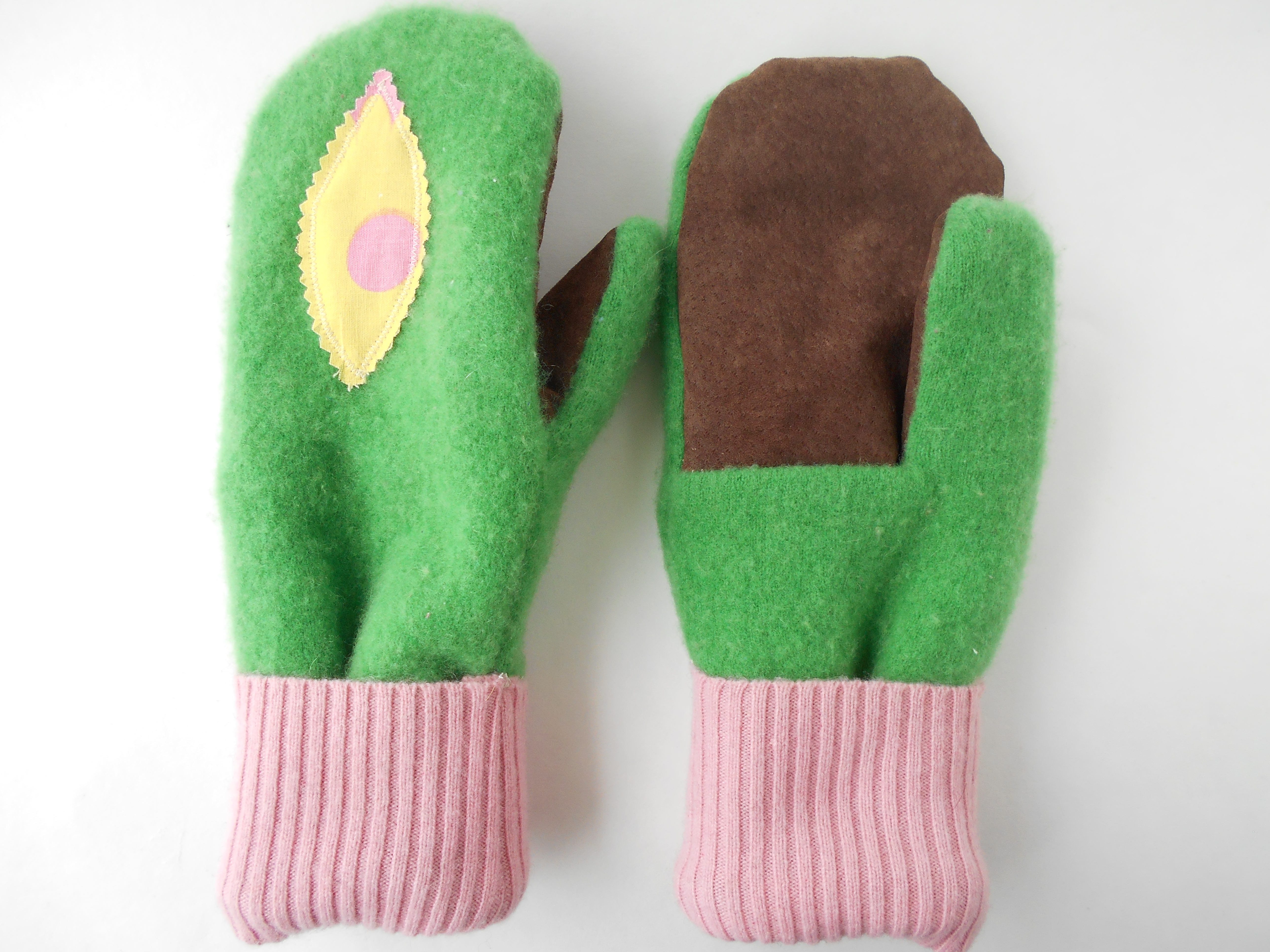 green upcycled cashmere suede sweater mittens